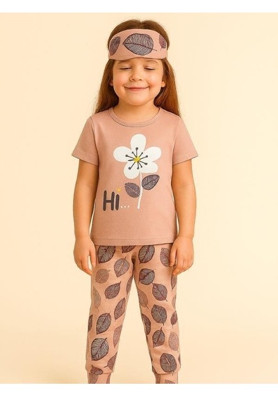 Kız Çocuk Pamuklu Kısa Kol Çiçek Desenli Pijama Takım Uyku Bandı Dahil -16034 Pembe
