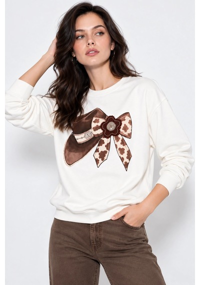 Mevese Kadın Taş İşlemeli Fiyonk Baskı Oversize Üç İplik Rahat Kesim Sweatshirt - Beyaz