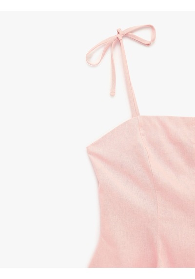 Koton Slim Fit Hafif Peplum Kesim Pileli İp Askılı Crop Keten Bluz Pembe