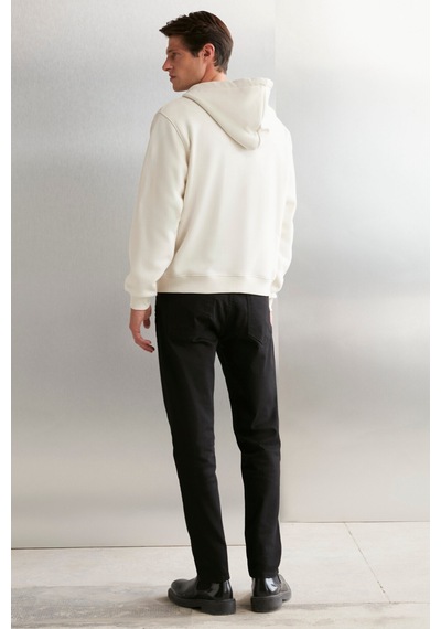 Grimelange Aksel Erkek Yumuşacık Organik Pamuk Oversize Fermuarlı Baskılı Kapüşonlu Taş Rengi Sweatshirt