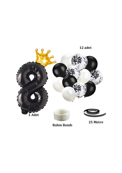 8 Rakam Siyah Folyo Balon, Kral Tacı Ve Konfetili Siyah Balon Set