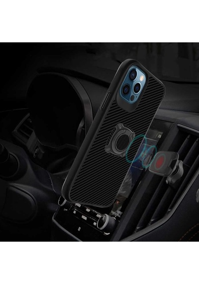 Apple Uyumlu iPhone 12 Pro Max Kılıf Yüzüklü Karbon Koruyucu Kapak