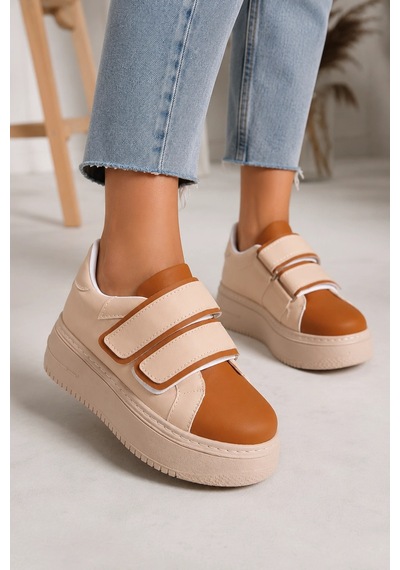 Mevese Vera Çift Cırtlı Kadın Günlük Sneaker Kalın Taban Rahat Ayakkabı - Taba Ten