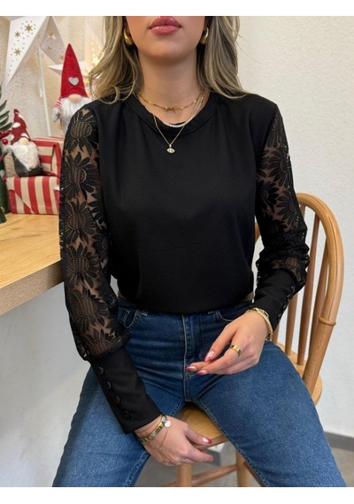 Kadın Uzun Kollu Bisiklet Yaka Kolları Çiçekli Waffle Bluz Çok Renkli