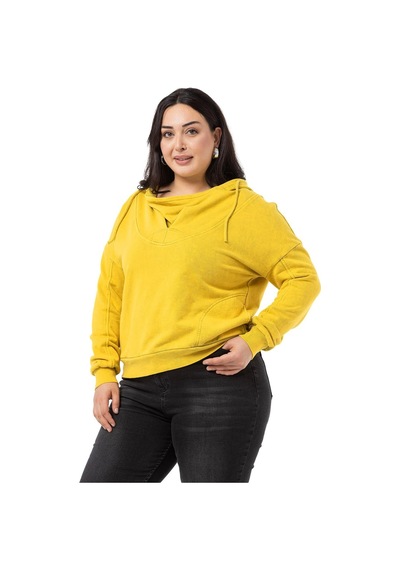 Büyük Beden Degaje Kapüşonlu Yaka Cepli Parça Boyalı Üç İplik Hardal Sweatshirt-hardal Hardal
