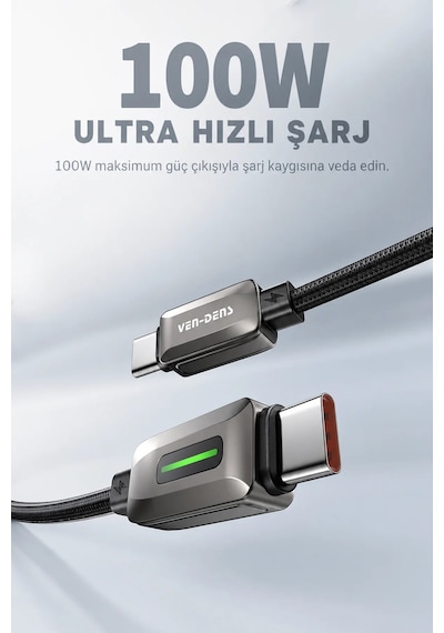 Ven-dens Dc14cc 100 W Pd Type-c To Type-c Hızlı Şarj Ve Veri Kablosu, 1 Metre, Örgü Kaplama, Siyah