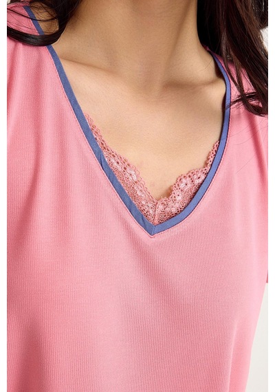 Amarelle Dream Mavi/pembe V Yaka Dantel Detaylı 4 Parça Pijama Takım Set Mavi/pembe