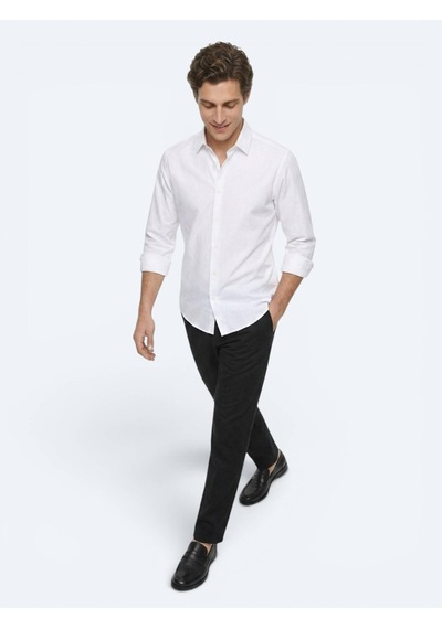 Kip Beyaz Çizgili Regular Fit Uzun Dokuma Casual %100 Pamuk Gömlek