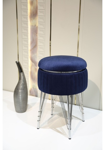 Bianco Metal Ayaklı Sehpalı Puf Krom Koyu Mavi Chrome Dark Blue