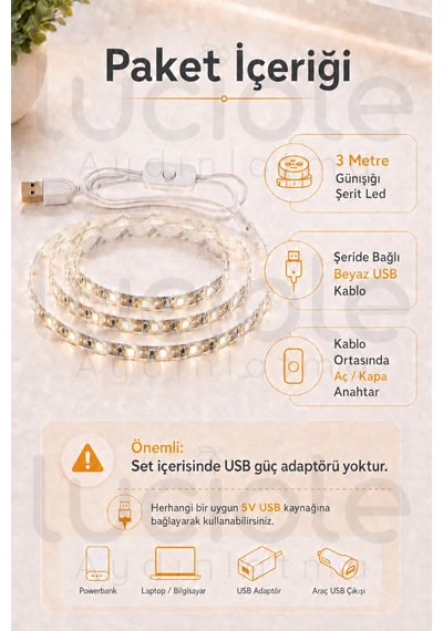 3 Metre 5v Usb Günışığı Şerit Led Anahtarlı Mutfak Tezgah Altı Tv Masa Kamp Led Işık