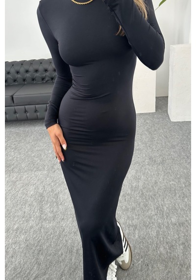 Winmoda34 Trend Kadın Siyah Hailey Uzun Kollu Maxi Elbise Siyah