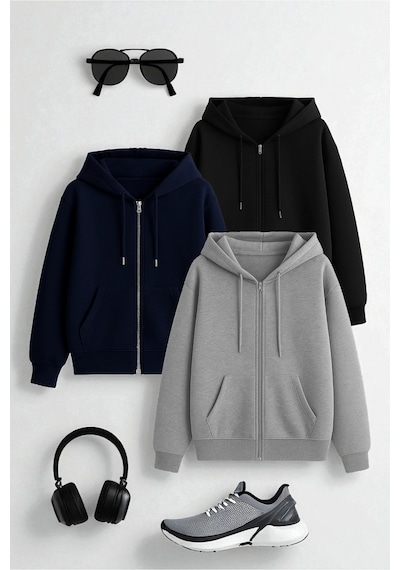 Uyguntarz Unisex Gri & Lacivert & Siyah Fermuar Kapüşonlu Sweatshirt 3 Lü Fırsat Paketi Çok Renkli