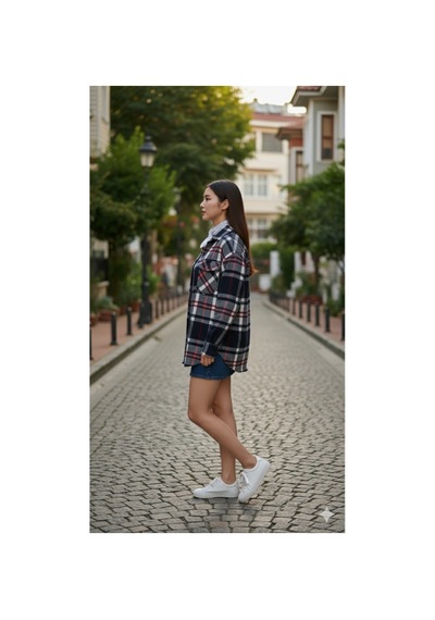 Polologin Butik Kadın Lacivert Ekose Desenli Oversize Oduncu Gömlek Ceket Lacivert