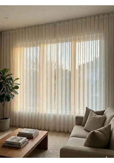 Şantuk Bambu Ağır Gramajlı 1/3 Sık Pileli Ütü İstemez Tül Perde Özel Seri Premium Şantuk Bambu Kırık Beyaz