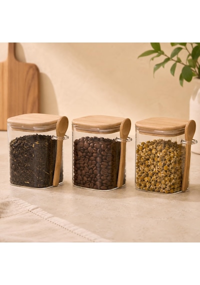 550 Ml Kaşıklı Cam Kavanoz 3'lü Set, Bambu Kapaklı Şeffaf Cam Saklama Kabı, Çay Kahve Şeker Baharat Kuruyemiş Kavanozu, Mutfak Düzenleyici Kaşıklı Baharatlık Seti Çok Renkli