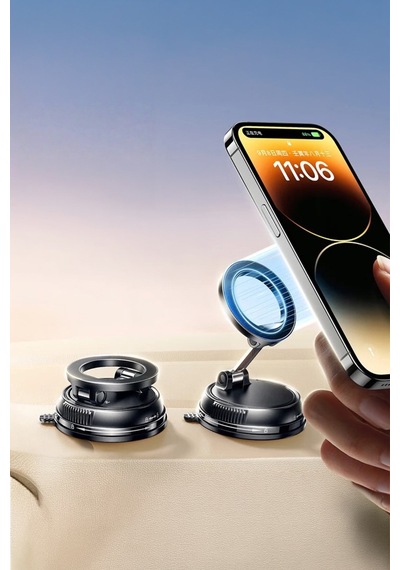 Ultra Güçlü Vakumlu Ve Mıknatıslı 360+360 Hareketli Metal Magsafe Telefon Tutucu Krom
