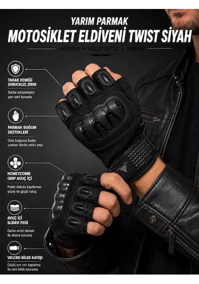 Motokit Twist Siyah / Yarım Parmak - Kaymaz Avuç İçi Özellikli Erkek Motosiklet Eldiveni