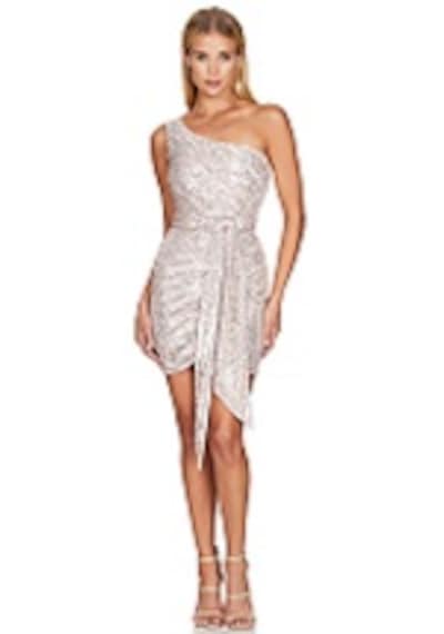 Hanife Glam Couture Hanife Glam Tek Omuz Zara Pupayet İşlemeli Mini Elbise Gümüş