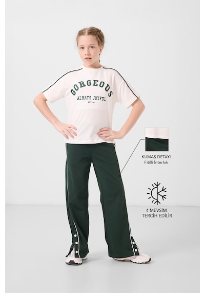 Tommylife Ekru-çam Yeşil O Yaka Baskılı Geniş Paça Çıt Çıt Detaylı Kız Çocuk Palazzo Eşofman Takım - 75172 Ekru/çam Yeşil Ekru - Çam Yeşil