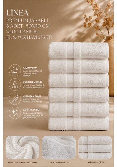 Güvenal Linea Premium Jakarlı 6 Adet 50x90 Cm %100 Pamuk Ultra Yumuşak El & Yüz Havlu Seti Yumuşak Dokulu El & Yüz Havlusu - Beyaz