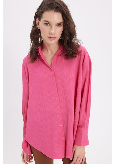 Tudors Kadın Oversize Geniş Kesim Bürümcük Pens Detaylı Uzun Kollu Dokulu Pembe Gömlek-38810 Pembe