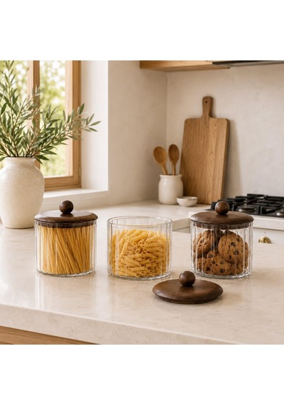 3'lü Set 750 Ml Akasya Kapaklı Çizgili Cam Kavanoz Seti Kahve Çay Şeker Kuruyemiş Saklama Kabı Çok Renkli
