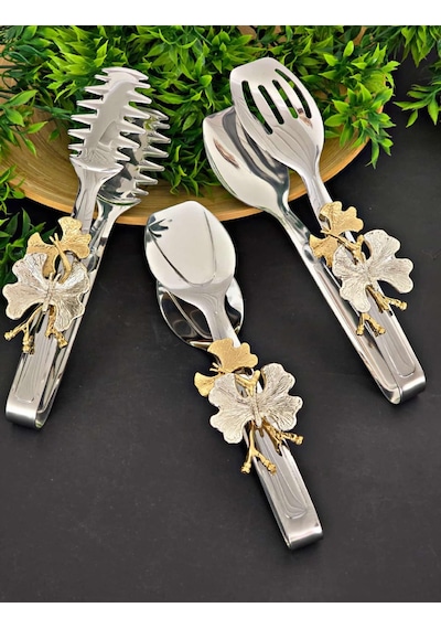 Paslanmaz Çelik Servis Seti Salata Maşası Pasta Küreği Kepçe Servis Kaşığı Çatalı Gold & Çiçek Desenli Gümüş - Gri