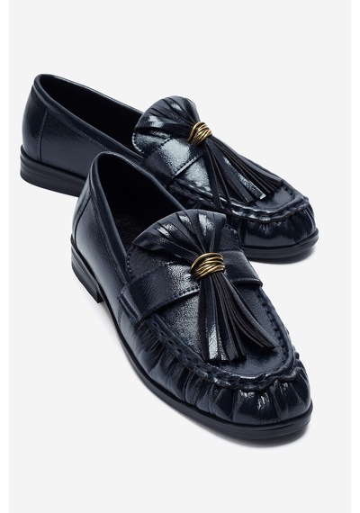 Luvi Shoes Marston Lacivert Kırışık Rugan Püsküllü Kadın Loafer Ayakkabı