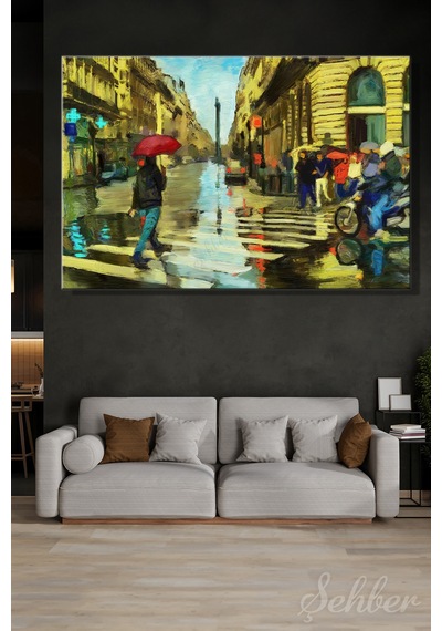 Yatay Kanvas Tablo Tekli Ev Kafe Ofis Modern İzlenimci Tarzda Yağmurlu Bir Gün Paris Konulu 2715