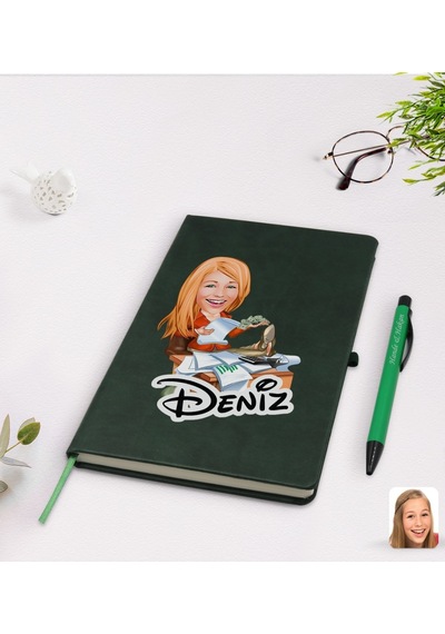 Kişiye Özel Kadın Patron Karikatürlü Yeşil Termo Deri Defter Kale N11.3677
