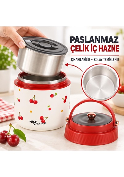 Valkyrie 1200 Ml Yalıtımlı Yemek Termosu Seti Paslanmaz Çelik İç Hazneli Yalıtımlı Taşıma Çantalı Kırmızı