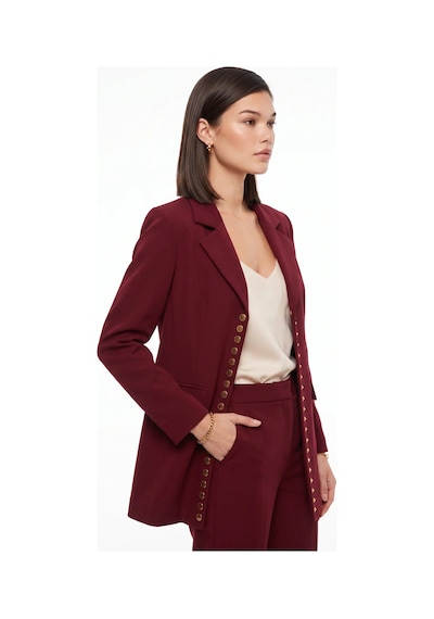 CEMO Gold Düğme Detaylı Uzun Blazer Ceket Bordo