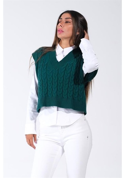 Genel Haki V Yaka Crop Saç Örgü Triko Süveter