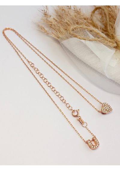 Keskin Gümüş Gümüş Zirkon Taşlı Gold Kalp Kadın U Harf Trend Kadın Kolye