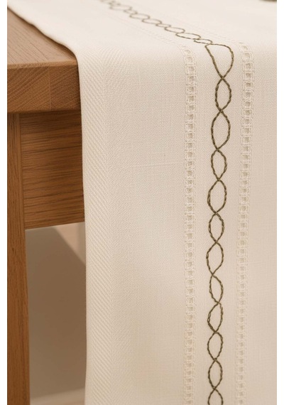 Yeşil Nakışlı Dantelli Runner 50x130 Cm Krem