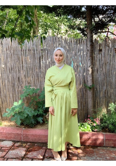 Butik Moda Etkm002 Üstü Bağlamalı Eteği Yandan Fermuarlı Takım F. Yeşili 001