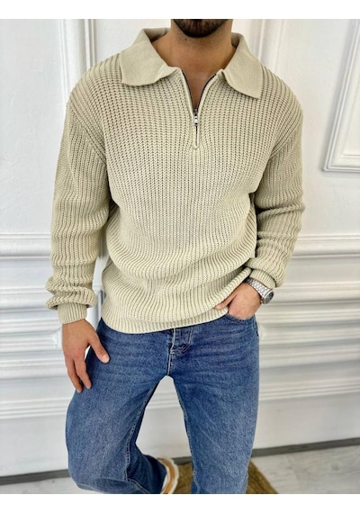 Elku Moda Kazak Oversize Tüylenmez Naturel Pamuk Fermuarlı Polo Yaka Örme Triko Kazak Krem