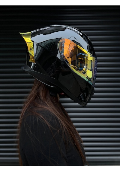 R1 Parlak Siyah Revo Gold Vizörlü Kapalı Kask Güneş Vizörlü