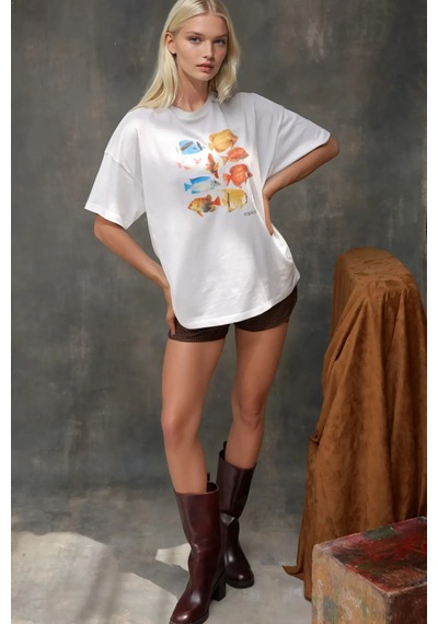 Hiccup Kadın %100 Pamuk Bisiklet Yaka Oversize Beyaz Baskılı T-shirt