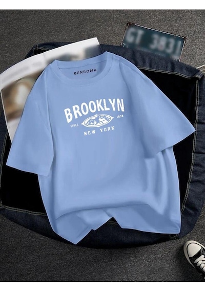 Oversıze Brooklyn Baskılı Unısex Tisort Baskılı Bebe Mavisi