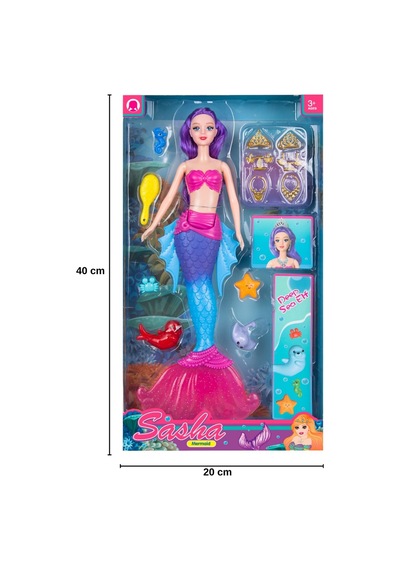 Sasha Deniz Kızı Oyuncak Bebek - Aksesuarlı, Taraklı, Hazine Sandıklı Büyük Set 40 Cm Mor