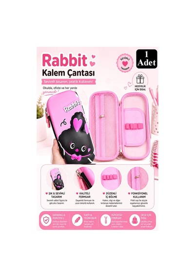 Pembe Kabartmalı Bölmeli Kalemlik 1 Adet P-5922 Kız Çocuk Okul Kalem Kutusu 3 Boyutlu Sevimli Karikatür Hediyelik Siyah
