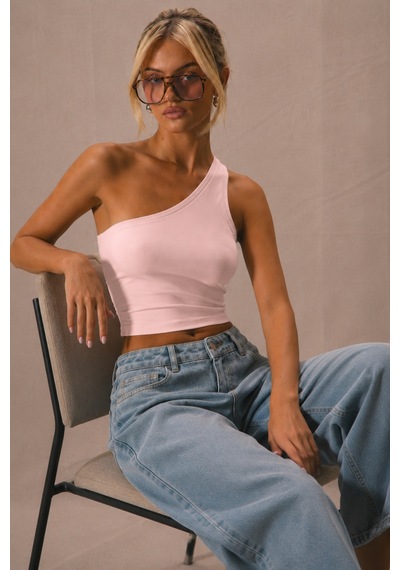 Cool Tarz Kadın Tek Omuz Crop Atlet Esnek Slim Fit Süprem Kumaş Asimetrik Yaka Bluz Pembe Pembe