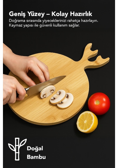 Yuvarlak Bambu Kesme Tahtası - Geyik Model Servis Sunum Tahtası Sunumluk Kesim Panosu 36x26 Cm Bej