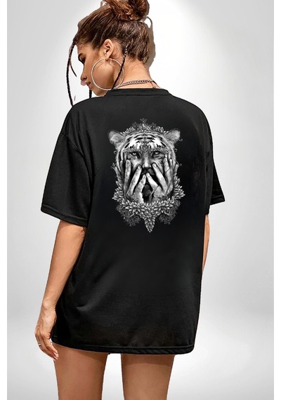 Yarım İnsan Yarım Leopar Mutant Leopar Kral Siyah Oversize Unisex Ön Ve Sırt Baskılı Tişört Siyah