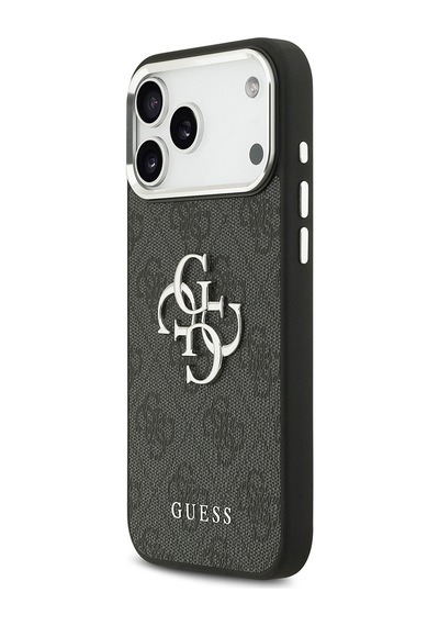 Apple Uyumlu iPhone 17 Pro Max Kılıf Guess Lisanslı Gümüş Kamera Çerçeveli 4g Desen Büyük 4g Ve Yazı Logolu Siyah Siyah