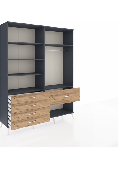 Hyperion Gardrop 6 Raflı 5 Çekmeceli Tek Askılı 176x44x221 Antrasit-antrasit/çam Antrasit/çam