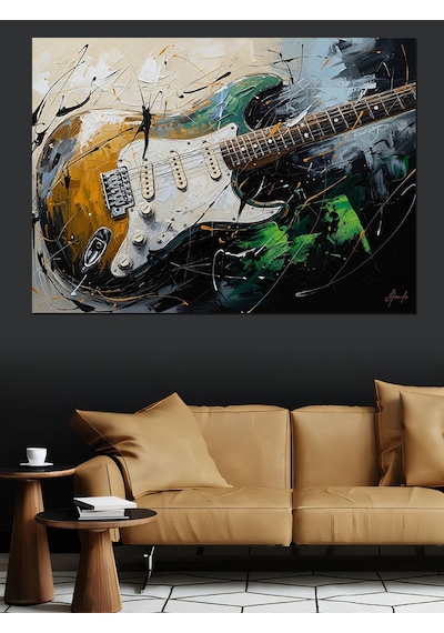 Ahşap Tablo Elektro Gitar Ve Renk Patlaması