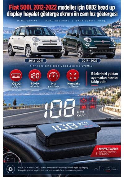Fiat 500l 2012-2022 Modeller İçin Obd2 Head Up Display Hayalet Gösterge Ekranı Ön Cam Hız Göstergesi