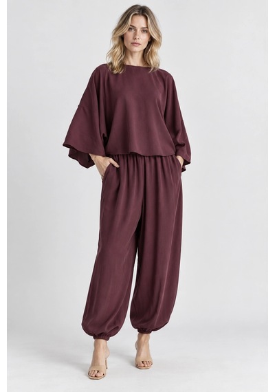 Mevese Rahat Kesim Modal Takım - Yarasa Kol Oversize Bluz Ve Geniş Paça Şalvar Pantolon - Mürdüm
